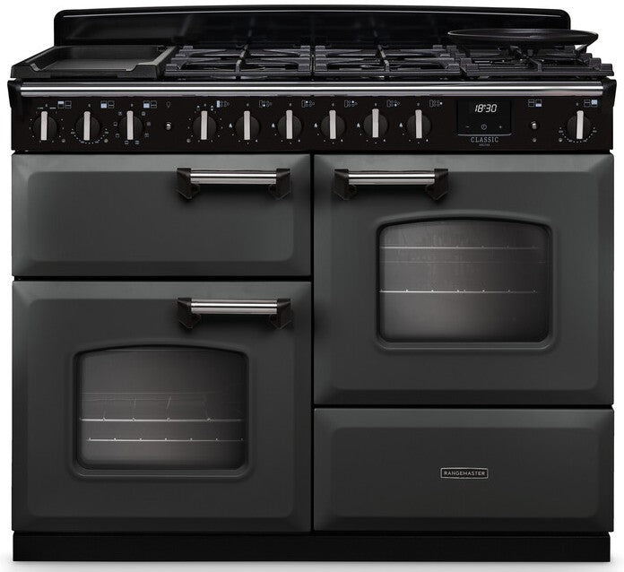 Rangemaster CLDLO110DFPSLT/CM1 Classic Deluxe OC 110cm Dual Fuel Range Cooker - Slate/Chrome Trim