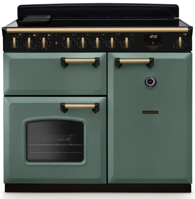 Rangemaster CLDL100EIPMGR/AB1 Classic Deluxe 100cm Induction Range Cooker - Mineral Green/Antique Brass Trim