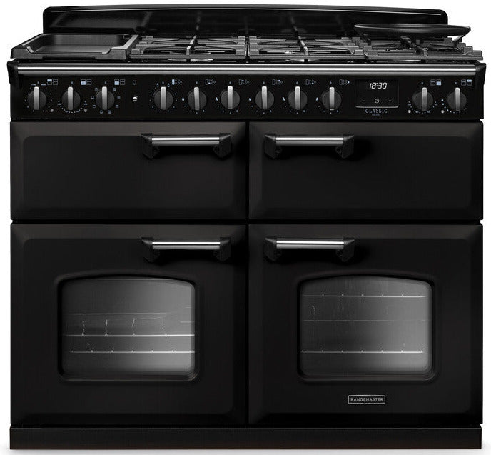 Rangemaster CLDLB110DFPCBL/CM1 Classic Deluxe BC 110cm Dual Fuel Range Cooker - Charcoal Black/Chrome