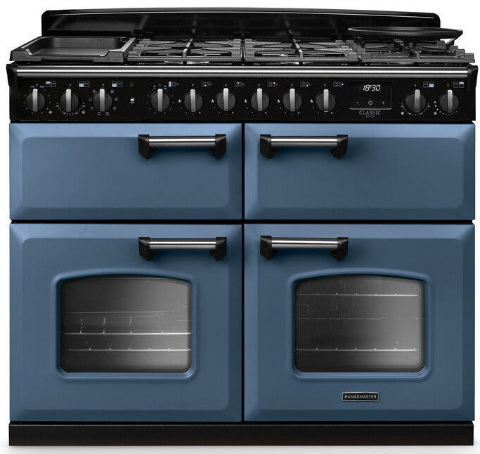 Rangemaster CLDLB110DFPSTB/CM1 Classic Deluxe BC 110cm Dual Fuel Range Cooker - Stone Blue/Chrome Trim