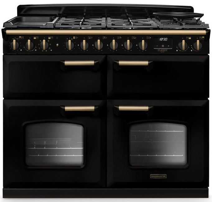 Rangemaster CLDLB110DFPGBL/AB1 Classic Deluxe BC 110cm Dual Fuel Range Cooker - Gloss Black/Antique Brass Trim