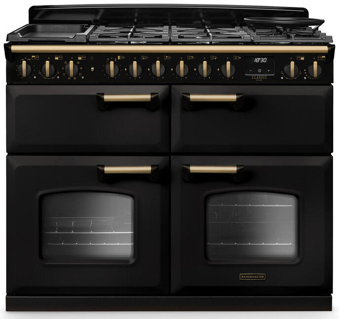 Rangemaster CLDLB110DFPCBL/AB1 Classic Deluxe BC 110cm Dual Fuel Range Cooker - Charcoal Black/Antique Brass Trim