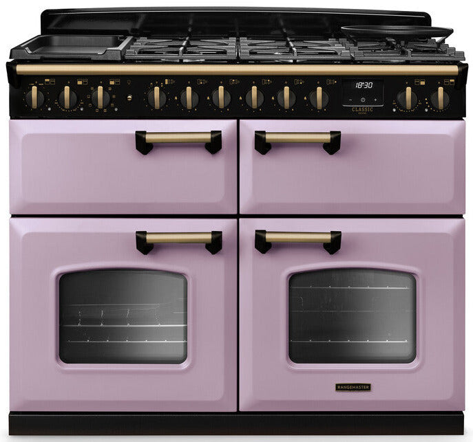 Rangemaster CLDLB110DFPHTH/AB1 Classic Deluxe BC 110cm Dual Fuel Range Cooker - Heather/Antique Brass Trim
