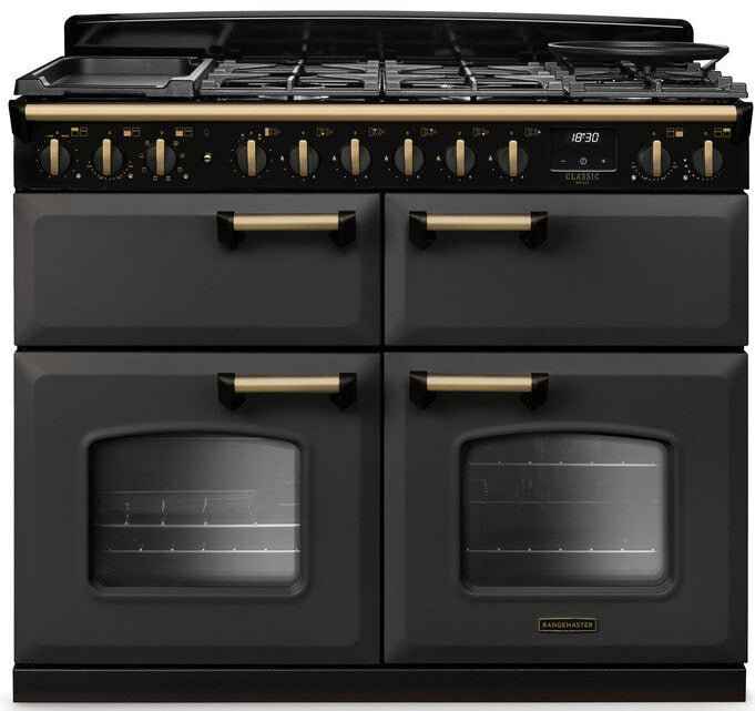 Rangemaster CLDLB110DFPSLT/AB1 Classic Deluxe BC 110cm Dual Fuel Range Cooker - Slate/Antique Brass Trim
