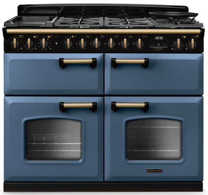 Rangemaster CLDLB110DFPSTB/AB1 Classic Deluxe BC 110cm Dual Fuel Range Cooker - Stone Blue/Antique Brass Trim