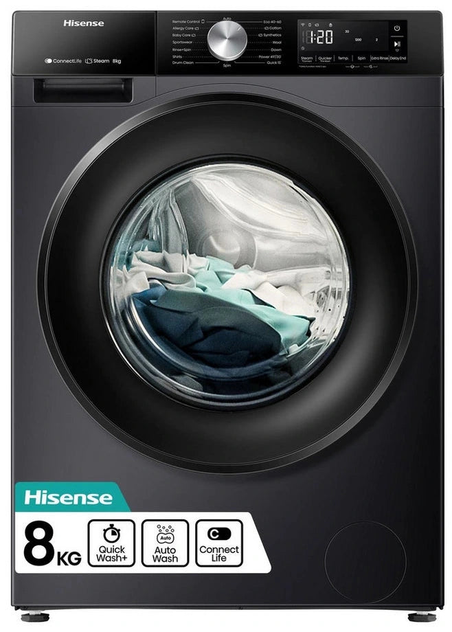 Hisense WF3S8043BB3 8Kg Washing Machine with 1400 rpm - Black - A Rated