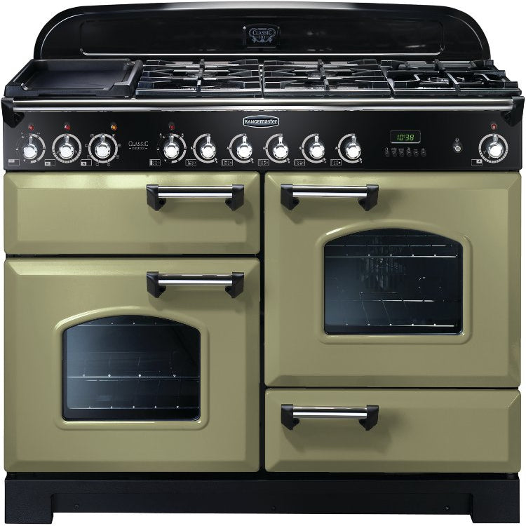 Rangemaster Classic Deluxe CDL110DFFOG/C 110cm Dual Fuel Range Cooker - Olive Green/Chrome Trim