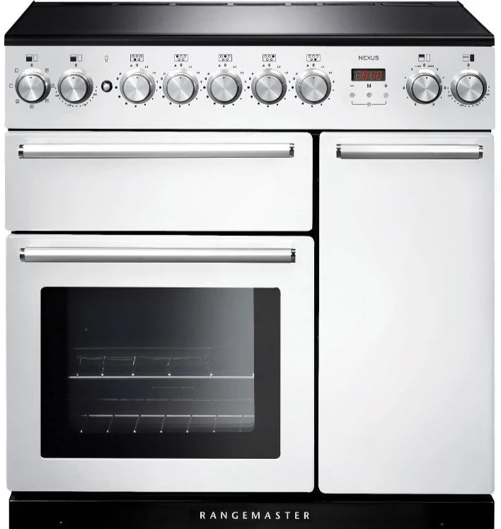 Rangemaster Nexus NEX90EIWH/C 90cm Electric Range Cooker with Induction Hob - White/Chrome Trim