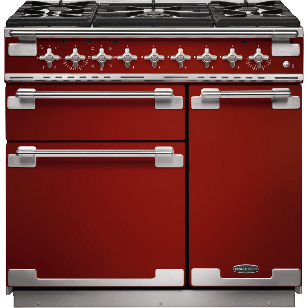 Rangemaster Elise ELS90DFFRD 90cm Dual Fuel Range Cooker - Cherry Red/Brushed Chrome Trim