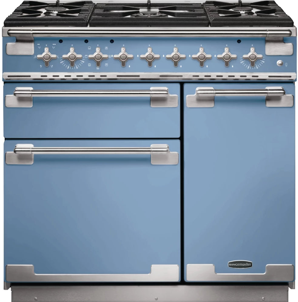 Rangemaster Elise ELS90DFFCA 90cm Dual Fuel Range Cooker - China Blue/Brushed Chrome Trim