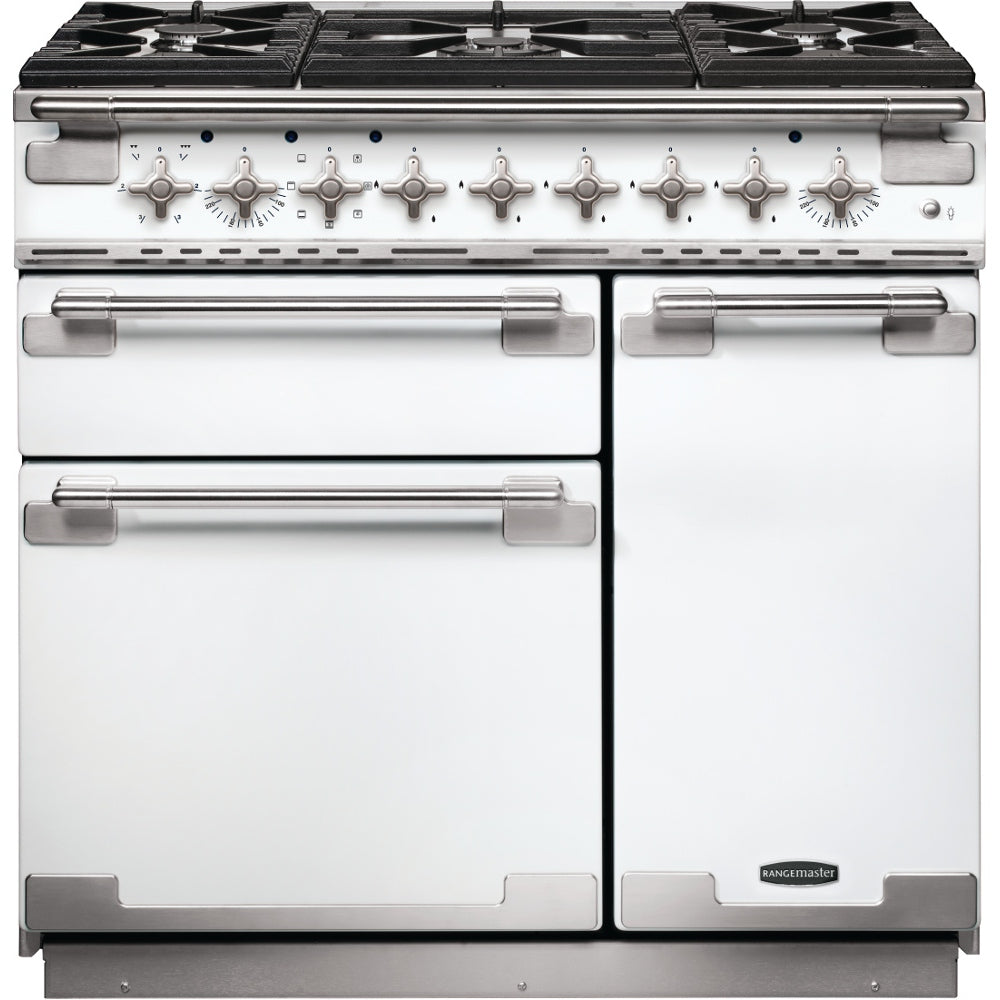 Rangemaster Elise ELS90DFFWH 90cm Dual Fuel Range Cooker - White/Brushed Chrome Trim