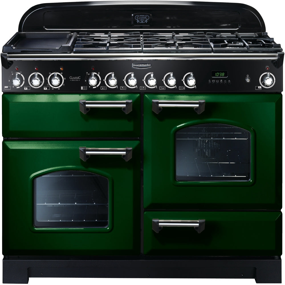 Rangemaster Classic Deluxe CDL110DFFRG/C 110cm Dual Fuel Range Cooker - Green/Chrome Trim