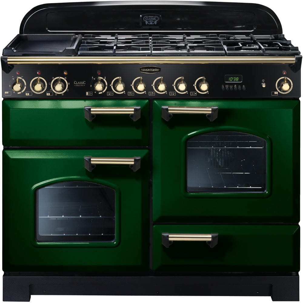 Rangemaster Classic Deluxe CDL110DFFRG/B 110cm Dual Fuel Range Cooker - Green/Brass Trim