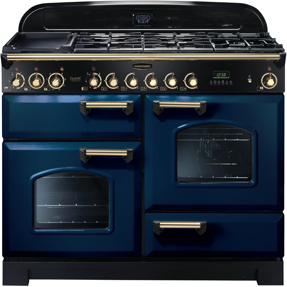 Rangemaster Classic Deluxe CDL110DFFRB/B 110cm Dual Fuel Range Cooker - Blue/Brass Trim