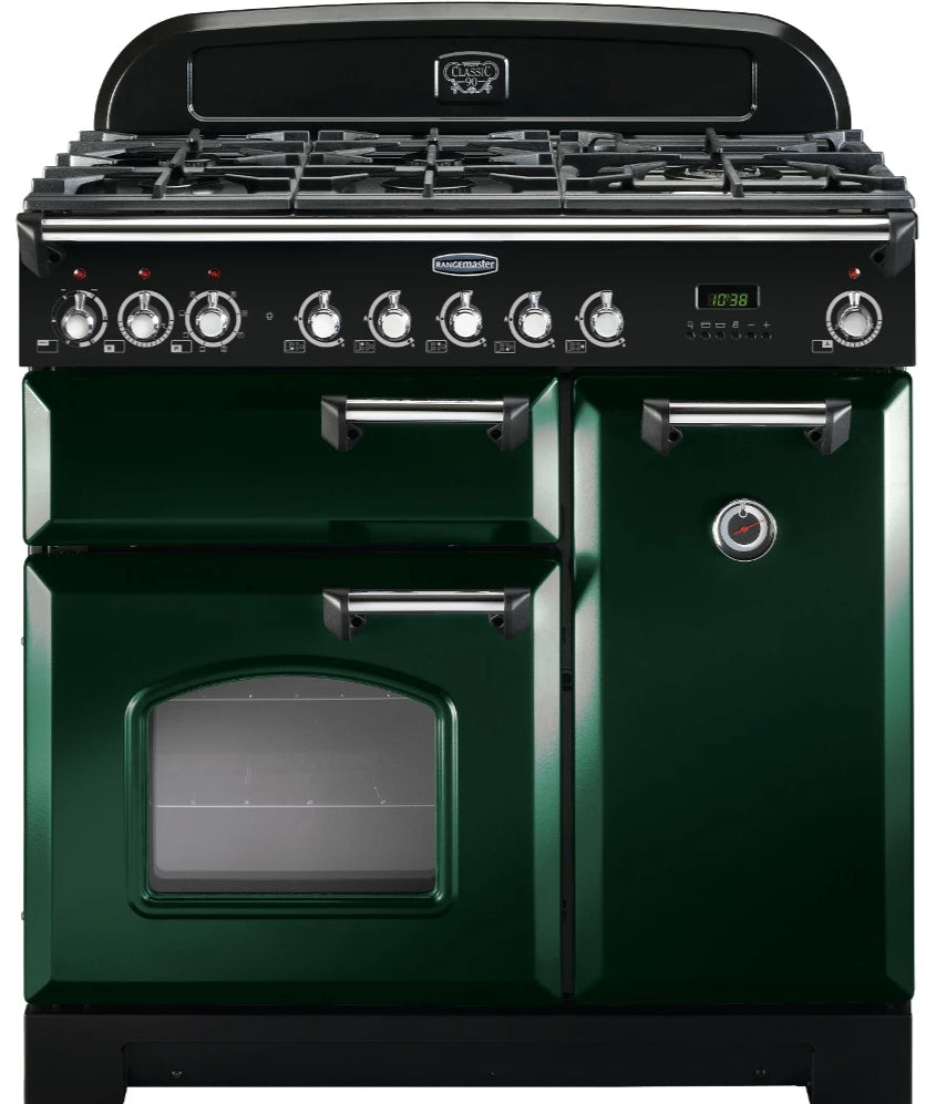 Rangemaster Classic Deluxe CDL90DFFRG/C 90cm Dual Fuel Range Cooker - Green/Chrome Trim