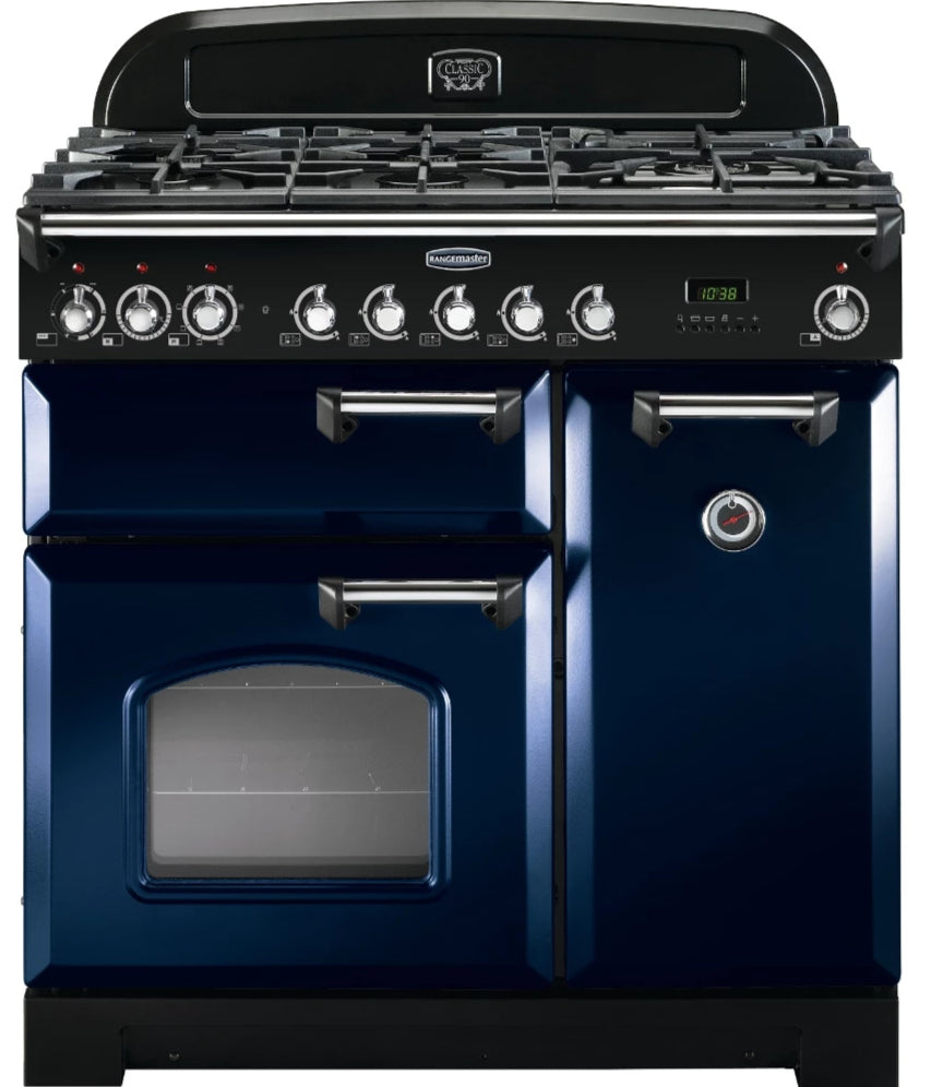 Rangemaster Classic Deluxe CDL90DFFRB/C 90cm Dual Fuel Range Cooker - Blue/Chrome Trim