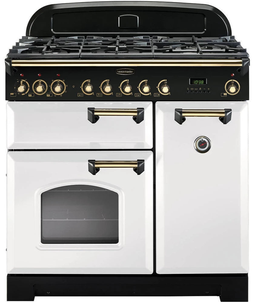 Rangemaster Classic Deluxe CDL90DFFWH/B 90cm Dual Fuel Range Cooker - White/Brass Trim