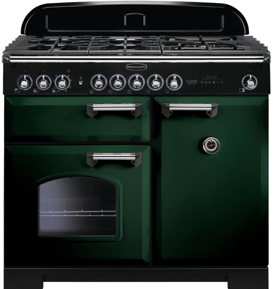 Rangemaster Classic Deluxe CDL100DFFRG/C 100cm Dual Fuel Range Cooker - Green/Chrome Trim