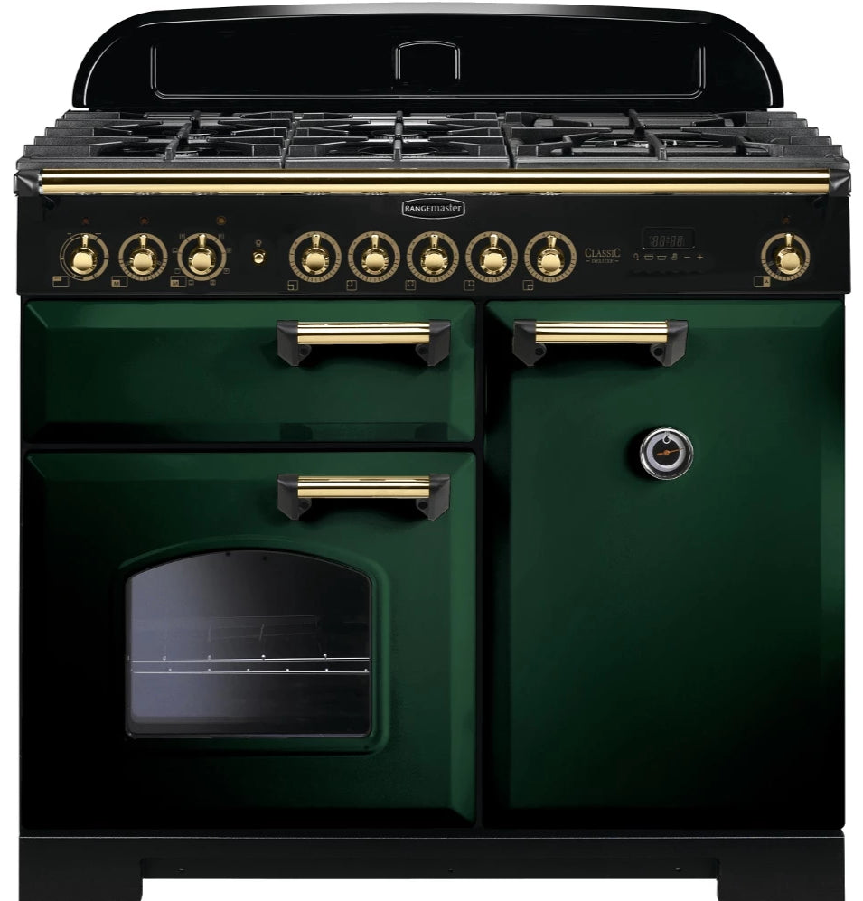 Rangemaster Classic Deluxe CDL100DFFRG/B 100cm Dual Fuel Range Cooker - Green/Brass Trim