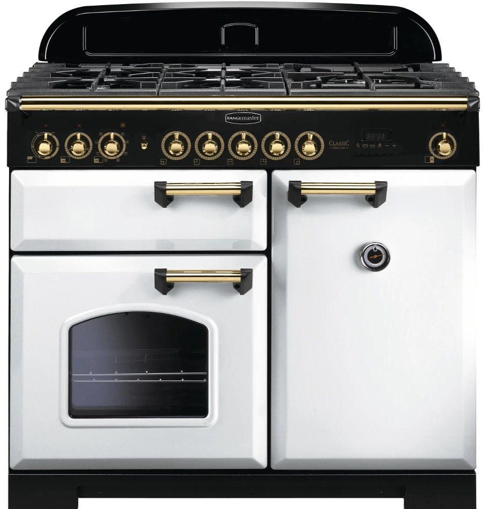 Rangemaster Classic Deluxe CDL100DFFWH/B 100cm Dual Fuel Range Cooker - White/Brass Trim