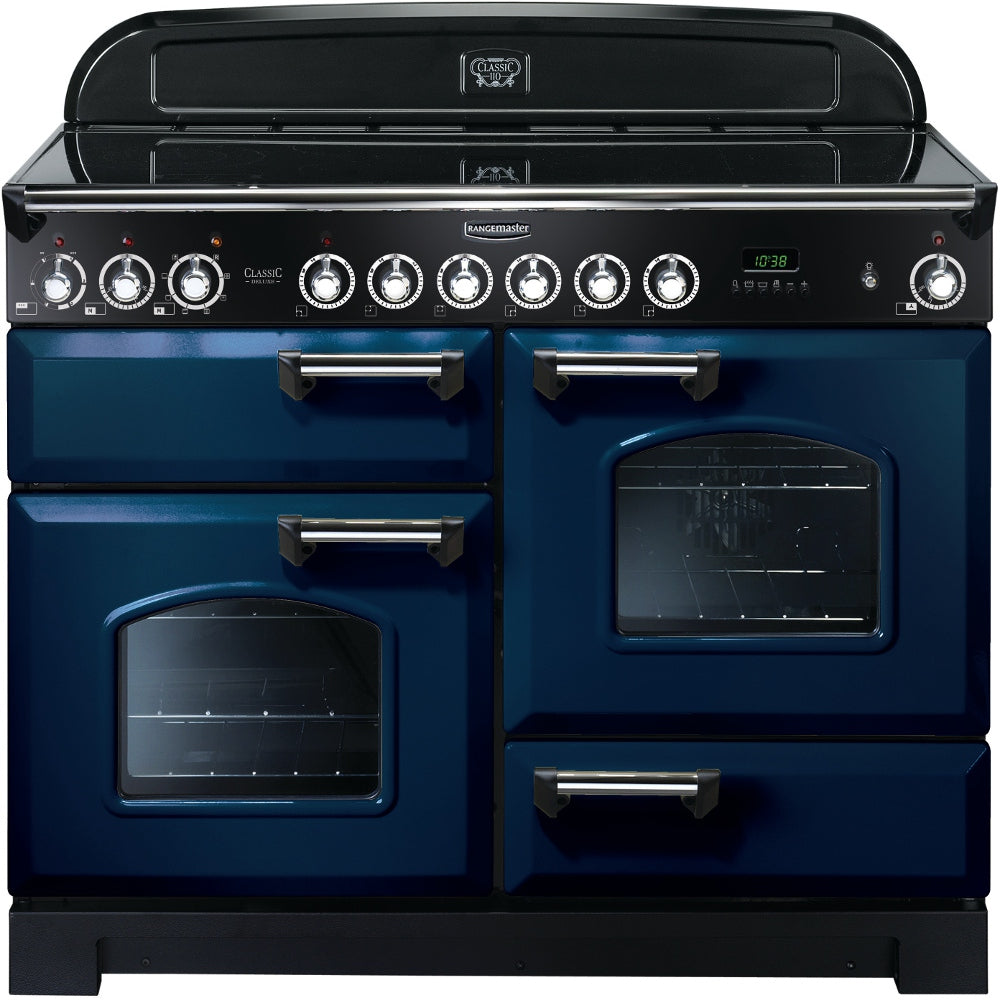 Rangemaster Classic Deluxe CDL110ECRB/C 110cm Electric Range Cooker with Ceramic Hob - Blue/Chrome Trim