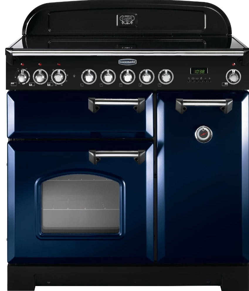 Rangemaster Classic Deluxe CDL90ECRB/C 90cm Electric Range Cooker with Ceramic Hob - Blue/Chrome Trim