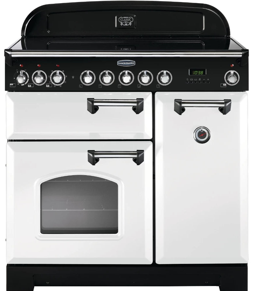 Rangemaster Classic Deluxe CDL90ECWH/C 90cm Electric Range Cooker with Ceramic Hob - White/Chrome Trim