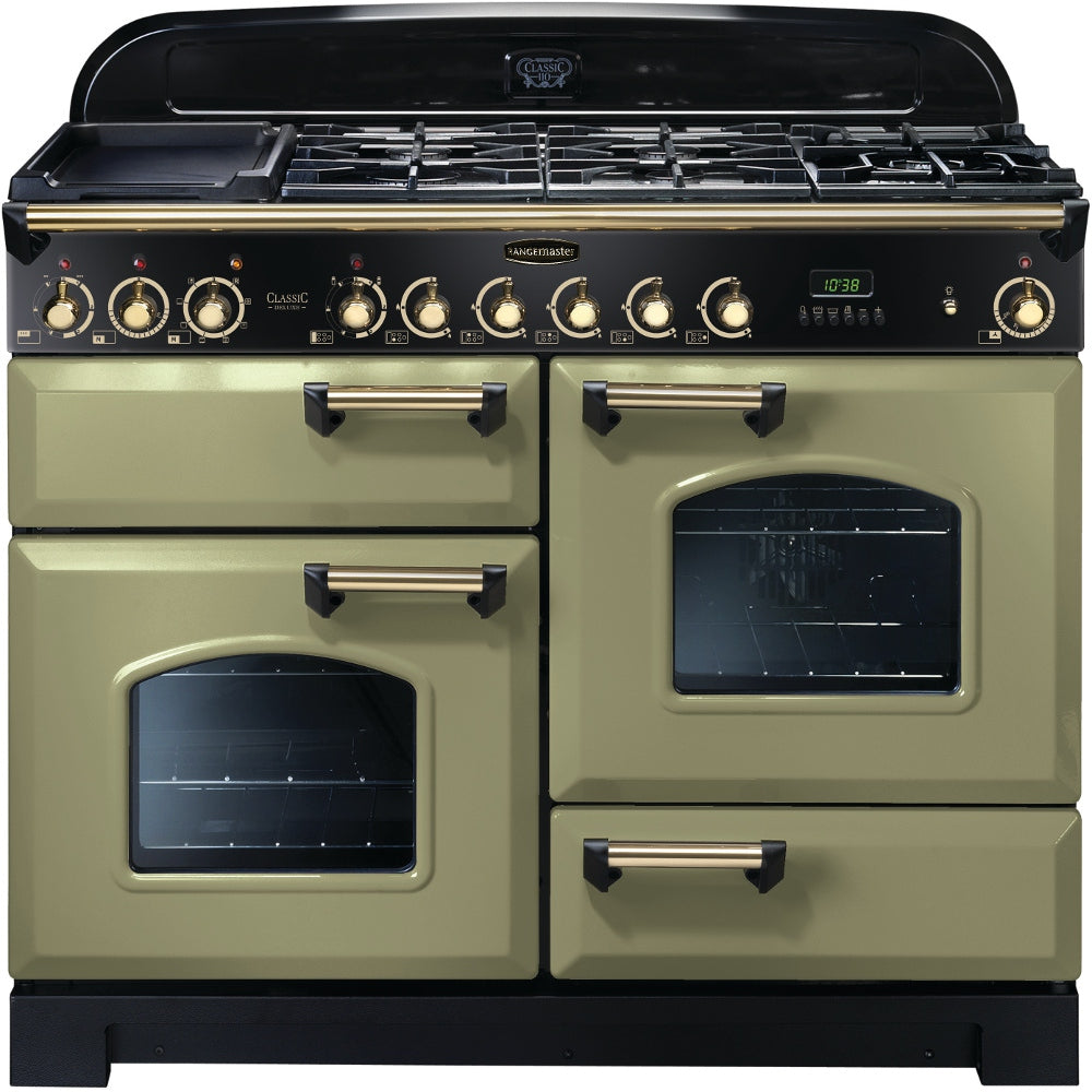 Rangemaster Classic Deluxe CDL110DFFOG/B 110cm Dual Fuel Range Cooker - Olive Green/Brass Trim