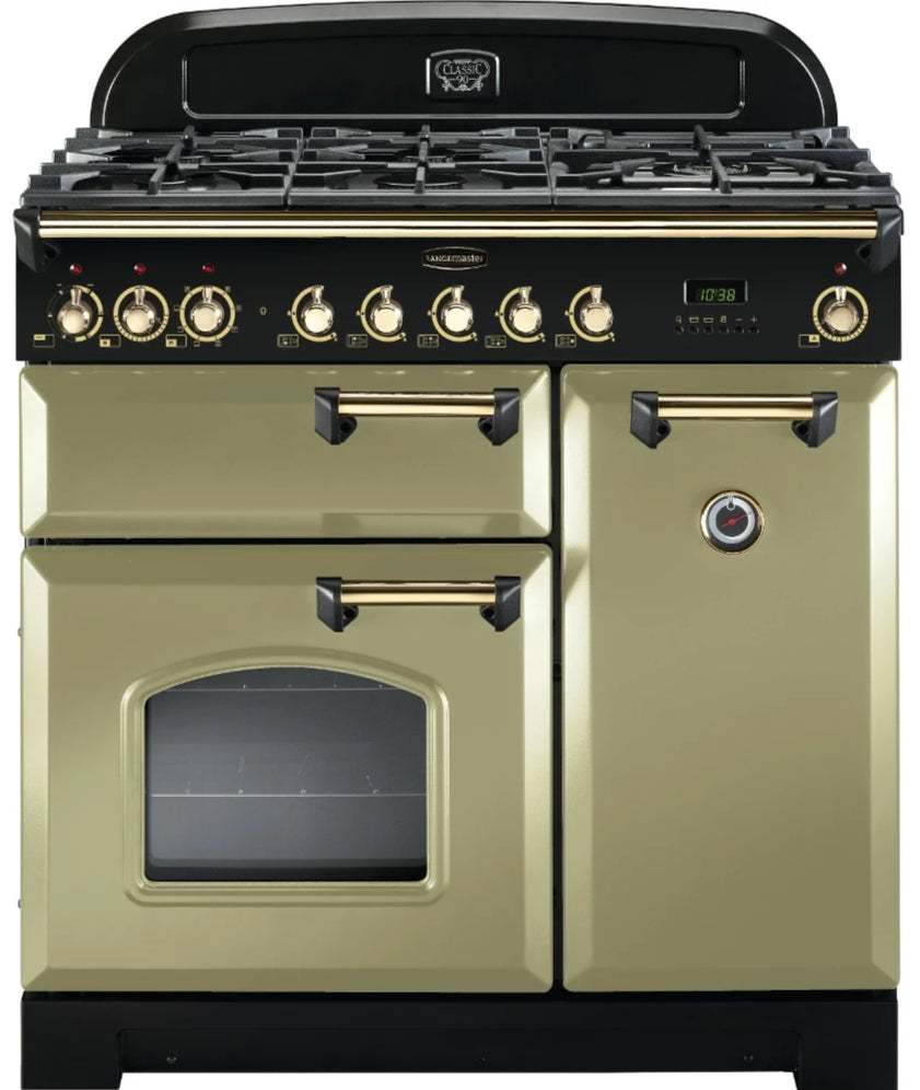 Rangemaster Classic Deluxe CDL90DFFOG/B 90cm Dual Fuel Range Cooker - Olive Green/Brass Trim