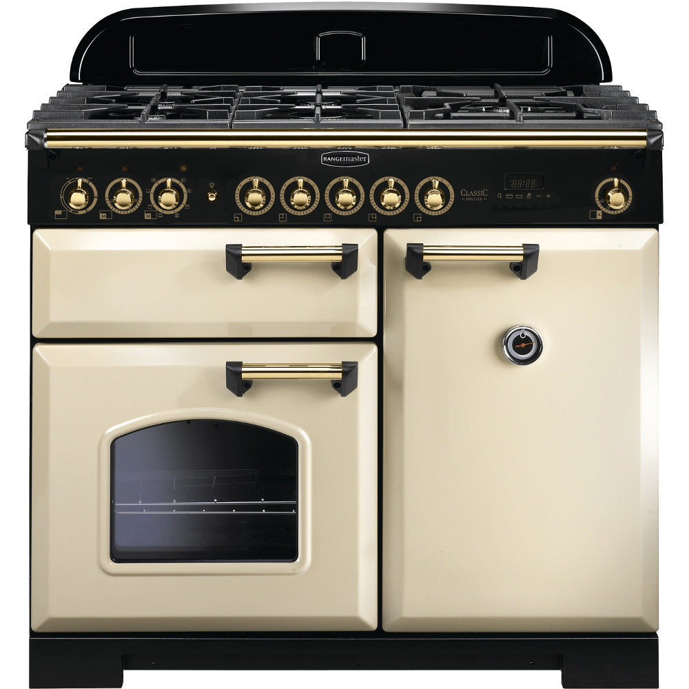 Rangemaster Classic Deluxe CDL100DFFCR/B 100cm Dual Fuel Range Cooker - Cream/Brass Trim