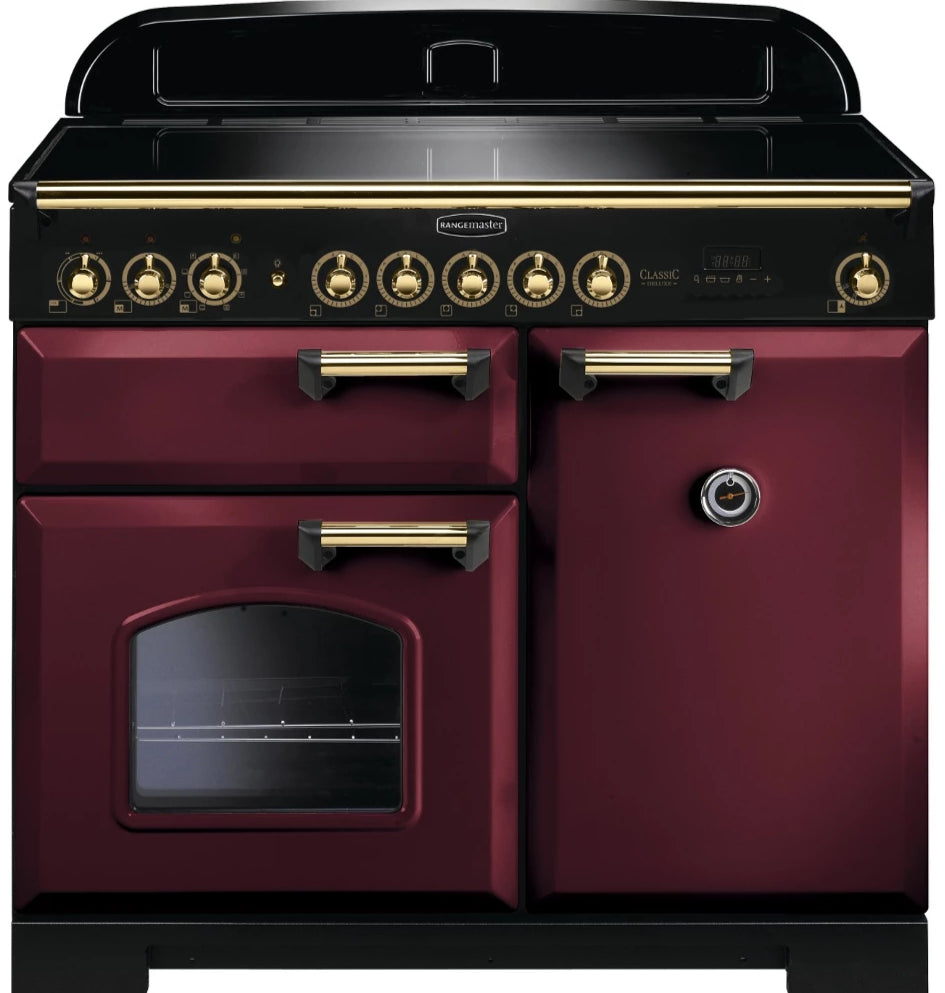 Rangemaster Classic Deluxe CDL100DFFCY/B 100cm Dual Fuel Range Cooker - Cranberry/Brass Trim