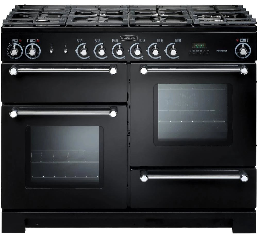 Rangemaster Kitchener KCH110NGFBL/C 110cm Gas Range Cooker - Black/Chrome Trim