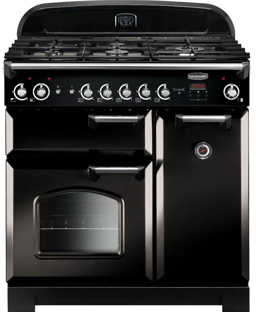 Rangemaster Classic CLA90NGFBL/C 90cm Gas Range Cooker - Black/Chrome Trim