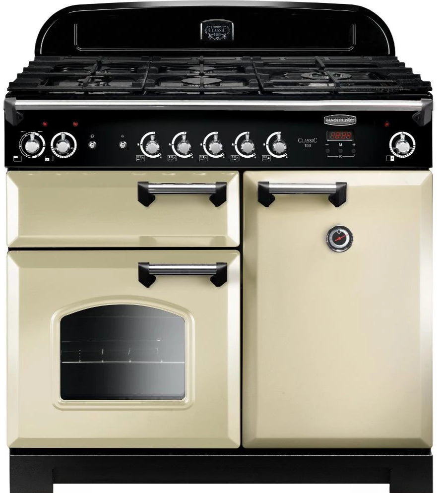 Rangemaster Classic CLA100DFFCR/C 100cm Dual Fuel Range Cooker - Cream/Chrome Trim