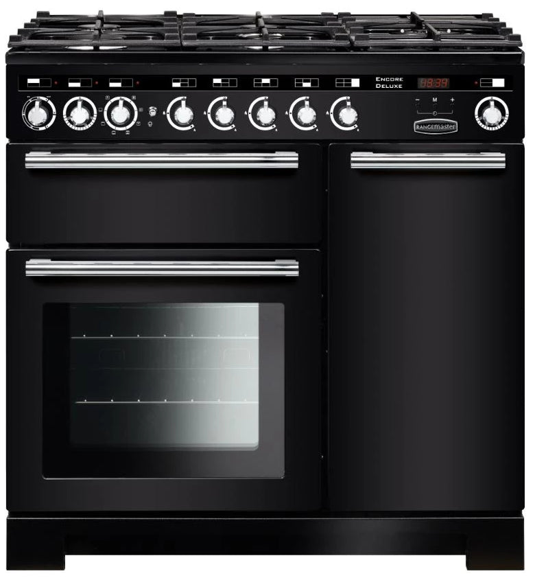 Rangemaster Encore Deluxe EDL90DFFBL/C 90cm Dual Fuel Range Cooker - Black/Chrome Trim