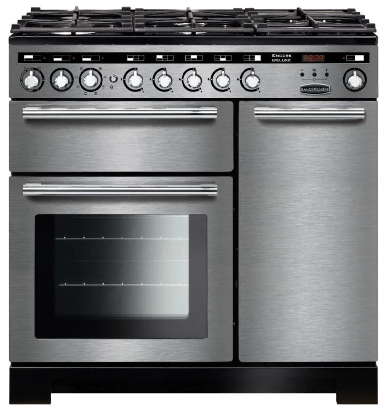 Rangemaster Encore Deluxe EDL90DFFSS/C 90cm Dual Fuel Range Cooker - Stainless Steel/Chrome Trim