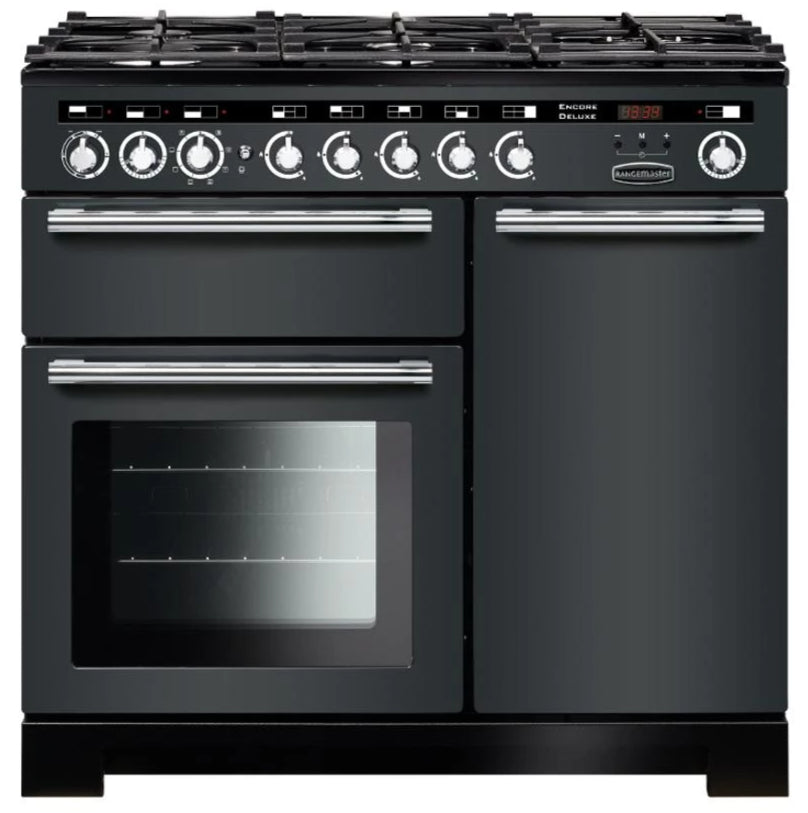 Rangemaster Encore Deluxe EDL100DFFSL/C 100cm Dual Fuel Range Cooker - Slate/Chrome Trim