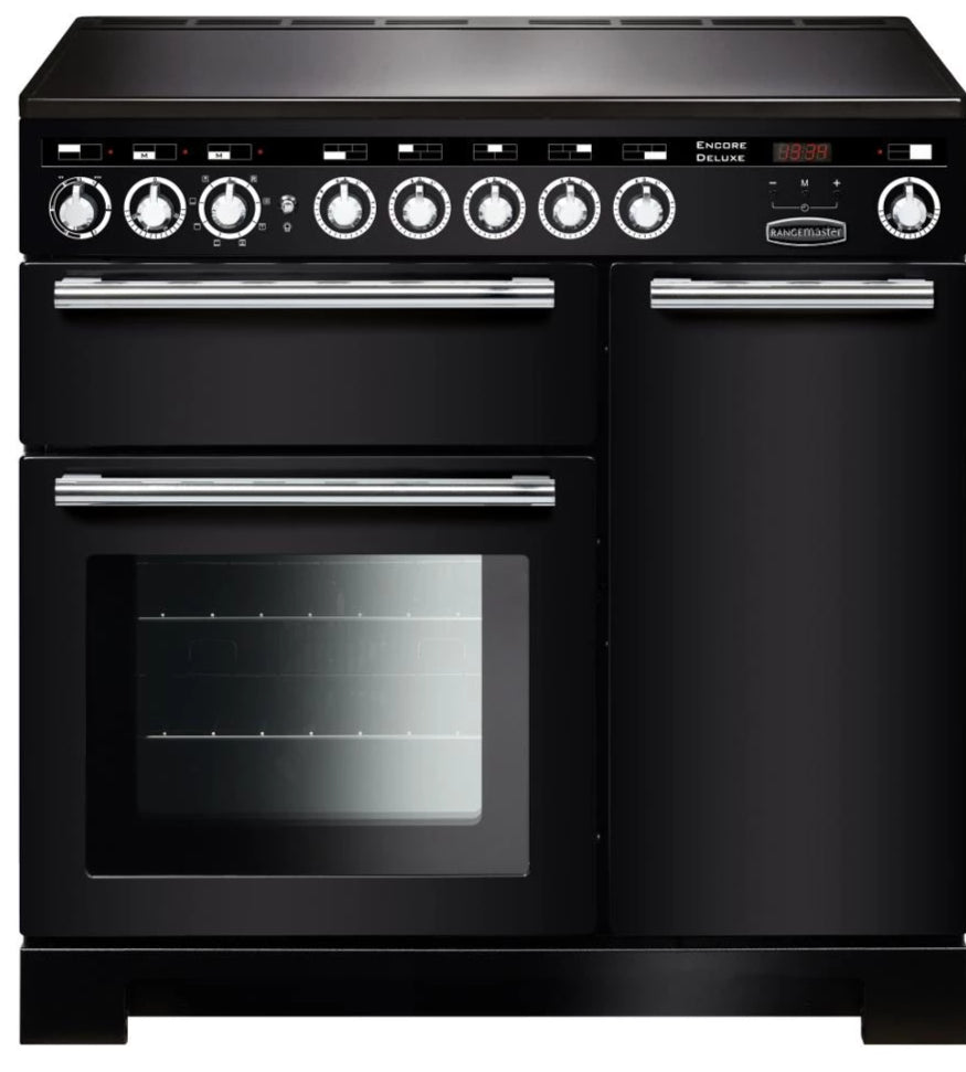 Rangemaster Encore Deluxe EDL90EIBL/C 90cm Electric Range Cooker with Induction Hob - Black/Chrome Trim