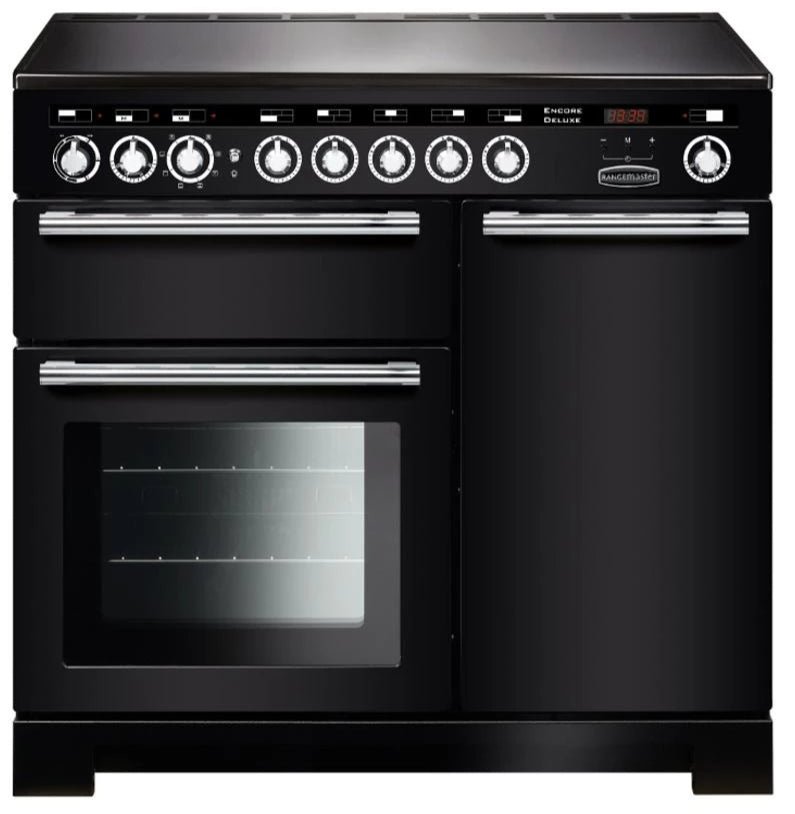 Rangemaster Encore Deluxe EDL100EIBL/C 100cm Electric Range Cooker with Induction Hob - Black/Chrome Trim