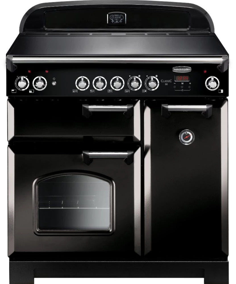 Rangemaster Classic CLA90ECBL/C 90cm Electric Range Cooker with Ceramic Hob - Black/Chrome Trim