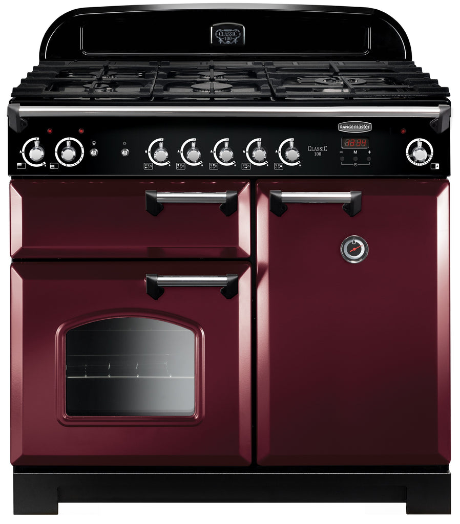 Rangemaster Classic CLA100NGFCY/C 100cm Gas Range Cooker - Cranberry/Chrome Trim