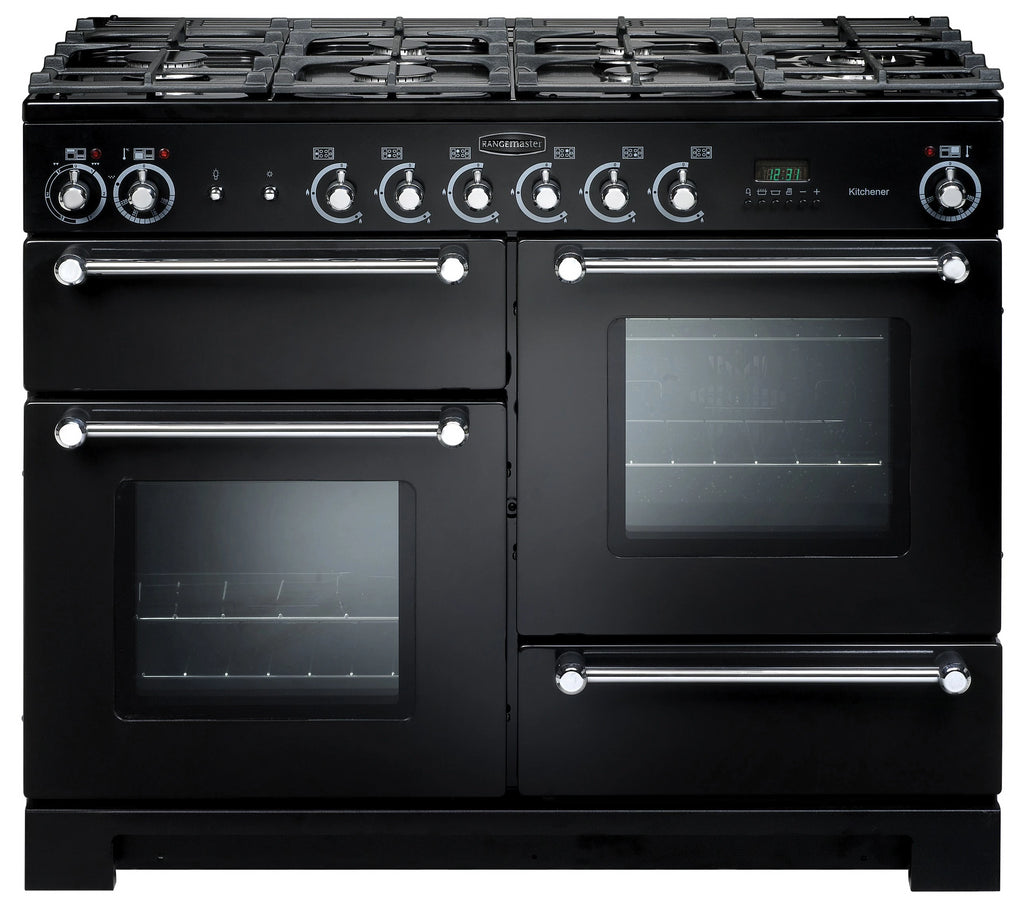 Rangemaster Kitchener KCH110DFFBL/C 110cm Dual Fuel Range Cooker - Black/Chrome Trim