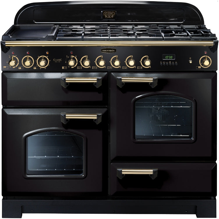 Rangemaster Classic Deluxe CDL110DFFBL/B 110cm Dual Fuel Range Cooker - Black/Brass Trim