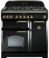 Rangemaster Classic Deluxe CDL90DFFBL/B 90cm Dual Fuel Range Cooker - Black/Brass Trim