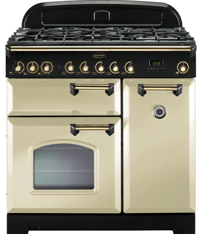 Rangemaster Classic Deluxe CDL90DFFCR/B 90cm Dual Fuel Range Cooker - Cream/Brass Trim