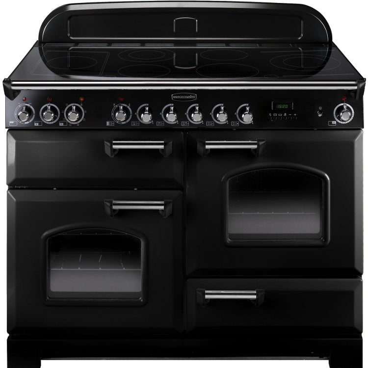 Rangemaster Classic Deluxe CDL110ECBL/C 110cm Electric Range Cooker with Ceramic Hob - Black/Chrome Trim