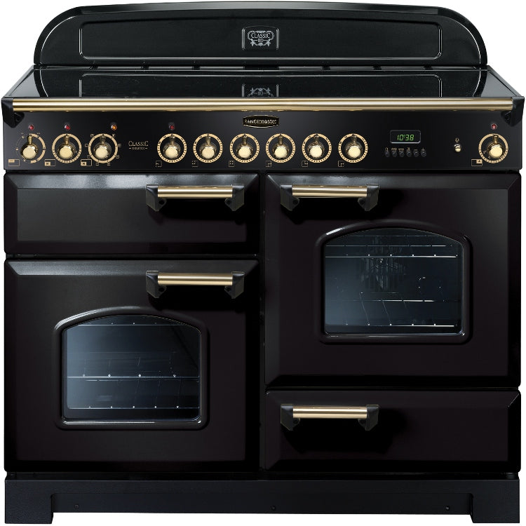 Rangemaster Classic Deluxe CDL110ECBL/B 110cm Electric Range Cooker with Ceramic Hob - Black/Brass Trim