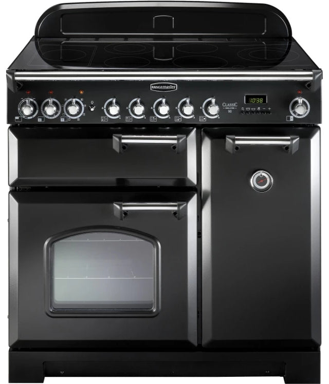 Rangemaster Classic Deluxe CDL90ECBL/C 90cm Electric Range Cooker with Ceramic Hob - Black/Chrome Trim