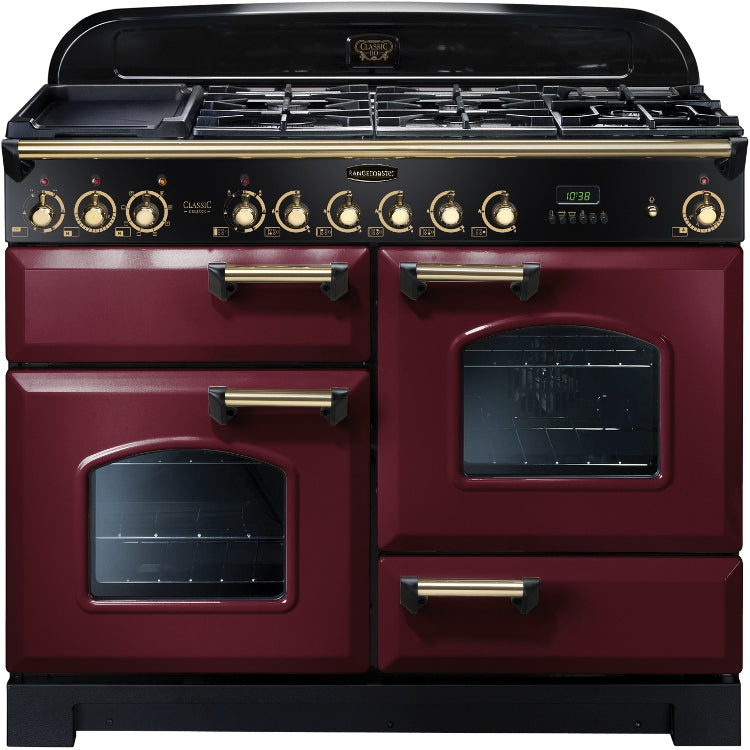 Rangemaster Classic Deluxe CDL110DFFCY/B 110cm Dual Fuel Range Cooker - Cranberry/Brass Trim