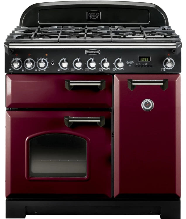 Rangemaster Classic Deluxe CDL90DFFCY/C 90cm Dual Fuel Range Cooker - Cranberry/Chrome Trim